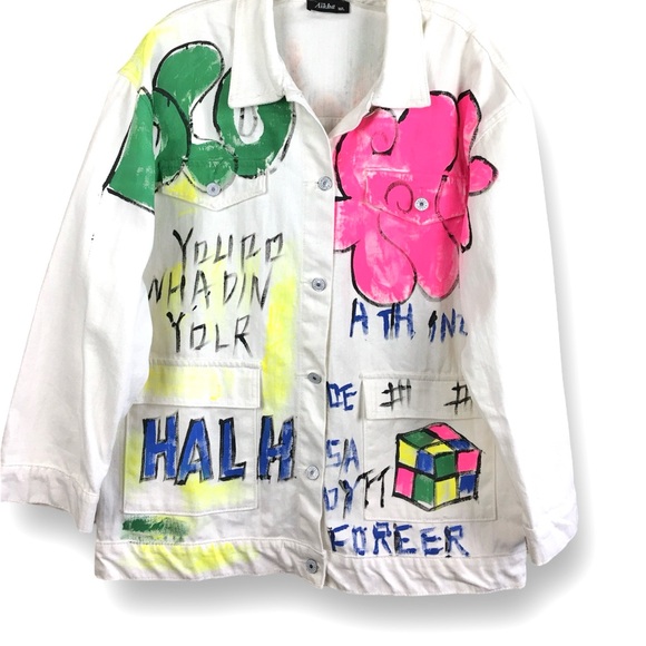 Aikha Handmade Graffiti Hand Painted Denim Jeans Jacket in White Size M/L - Picture 10 of 16